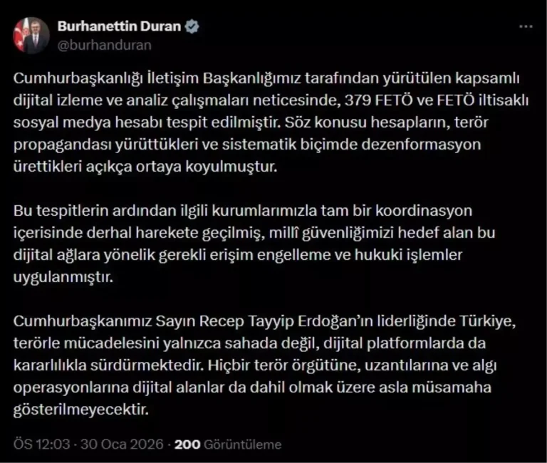 Cumhurbaşkanlığı İletişim Başkanlığı: 379 FETÖ ve FETÖ iltisaklı sosyal medya hesabı tespit edildi