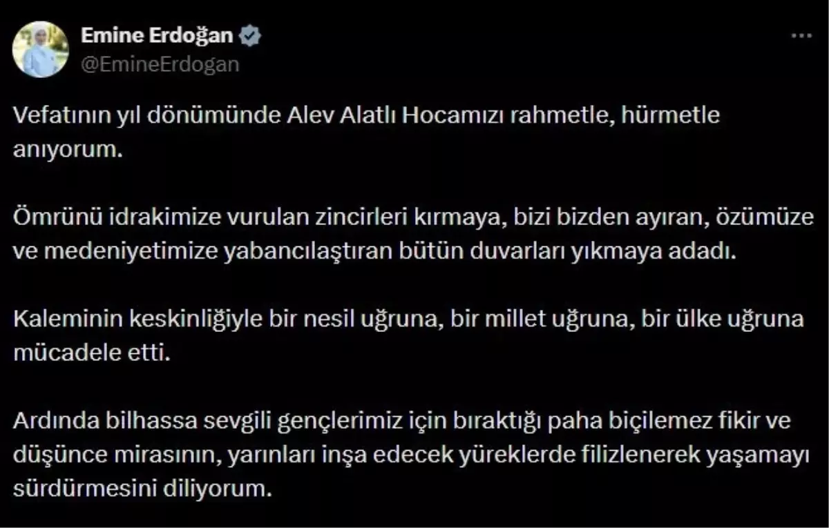 Emine Erdoğan, Alev Alatlı’yı Vefatının Yıl Dönümünde Andı