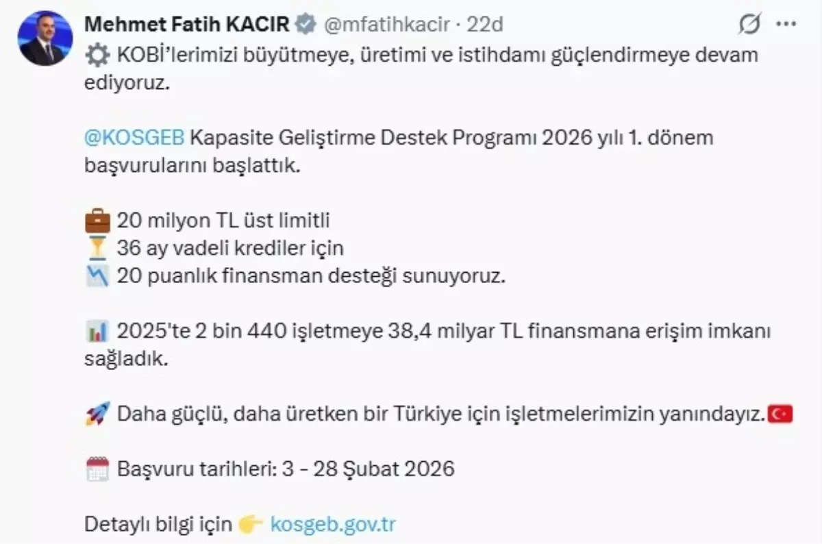 KOSGEB 2026 Destek Programı Başvuruları Başladı
