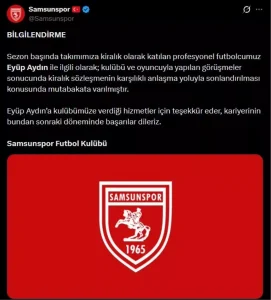 Samsunspor Eyüp Aydın ile Sözleşmeyi Sonlandırdı