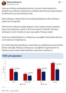 Şimşek: Ocak Enflasyonu Gıda Fiyatlarından Etkilendi