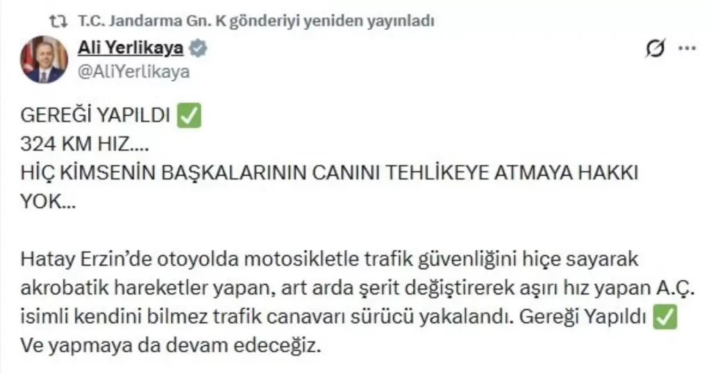 324 km hızla giden sürücüye ceza