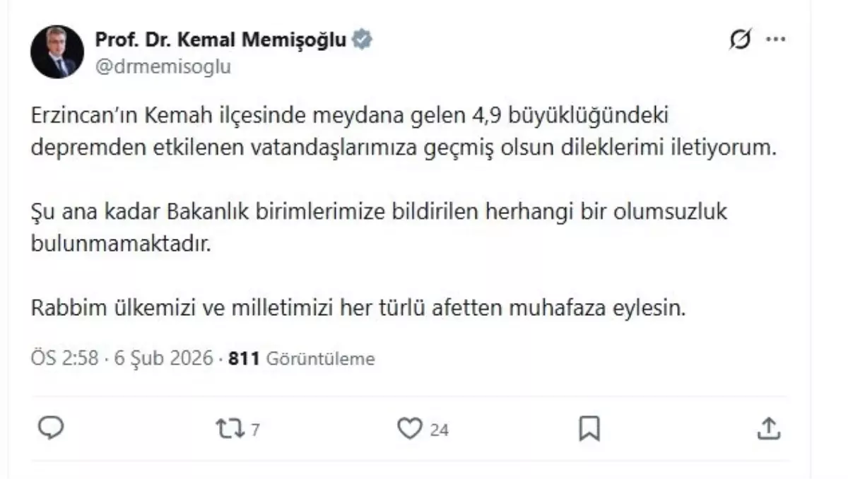 Bakan Memişoğlu’ndan Deprem Açıklaması