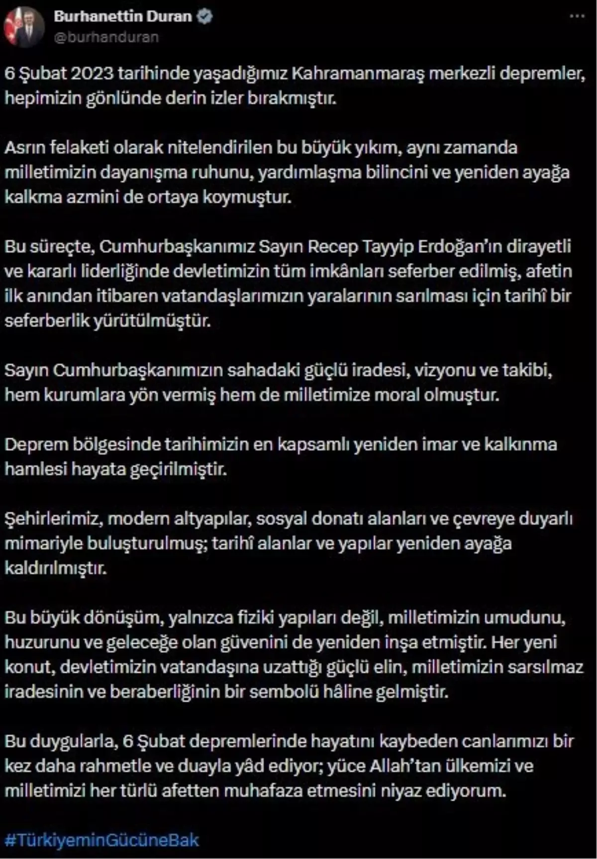 Burhanettin Duran: Milletimizin umudu inşa edilmiştir