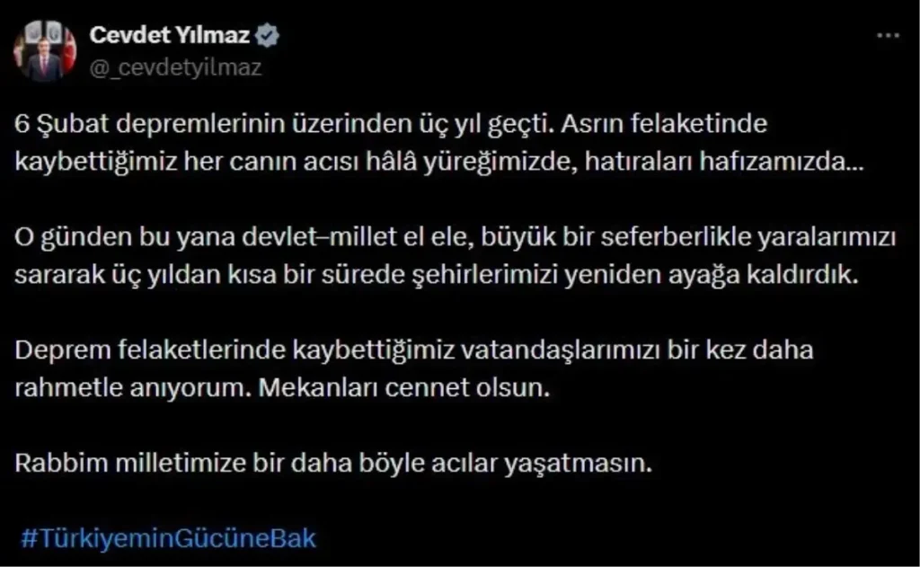 Cevdet Yılmaz, Deprem Şehitlerini Andı