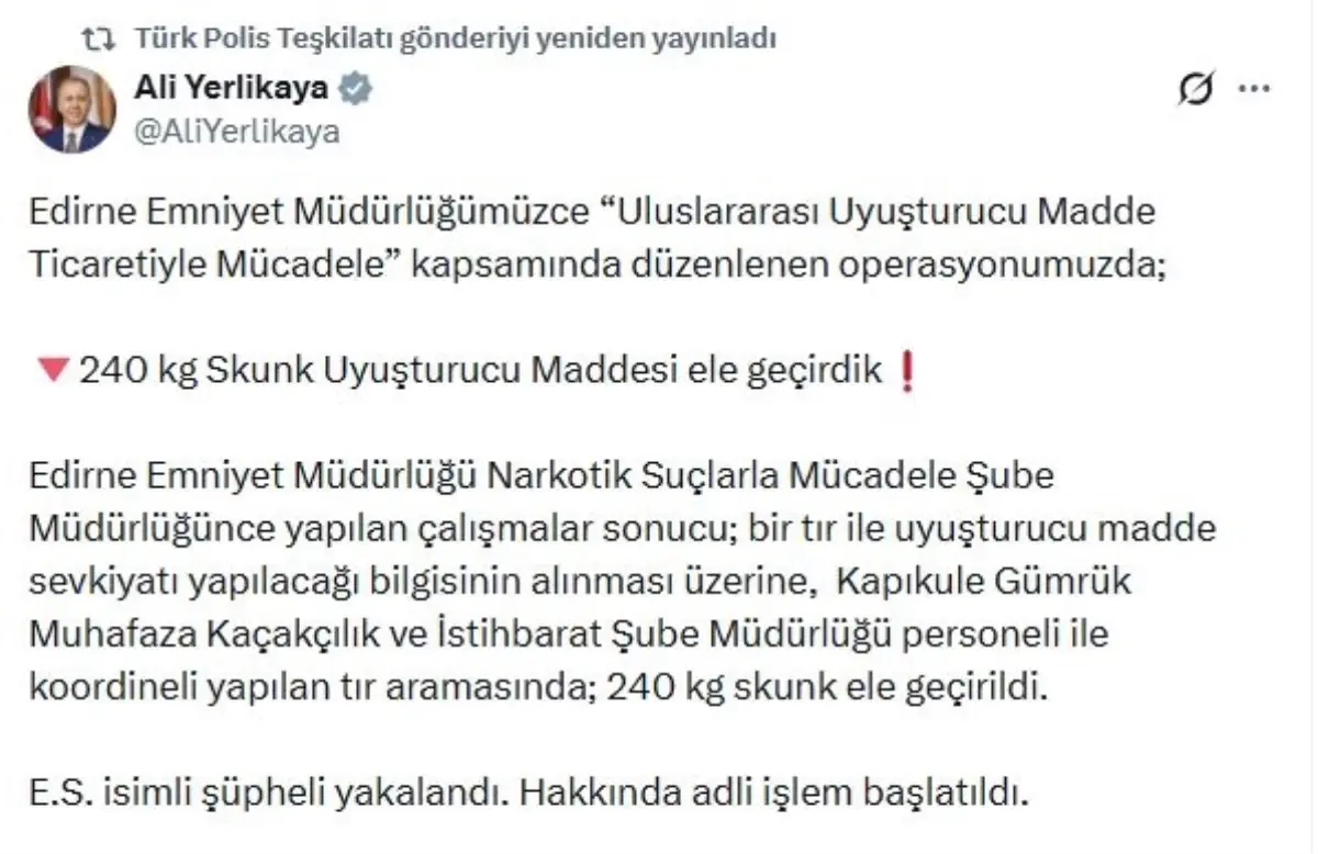 Edirne’de 240 Kilogram Skunk Ele Geçirildi