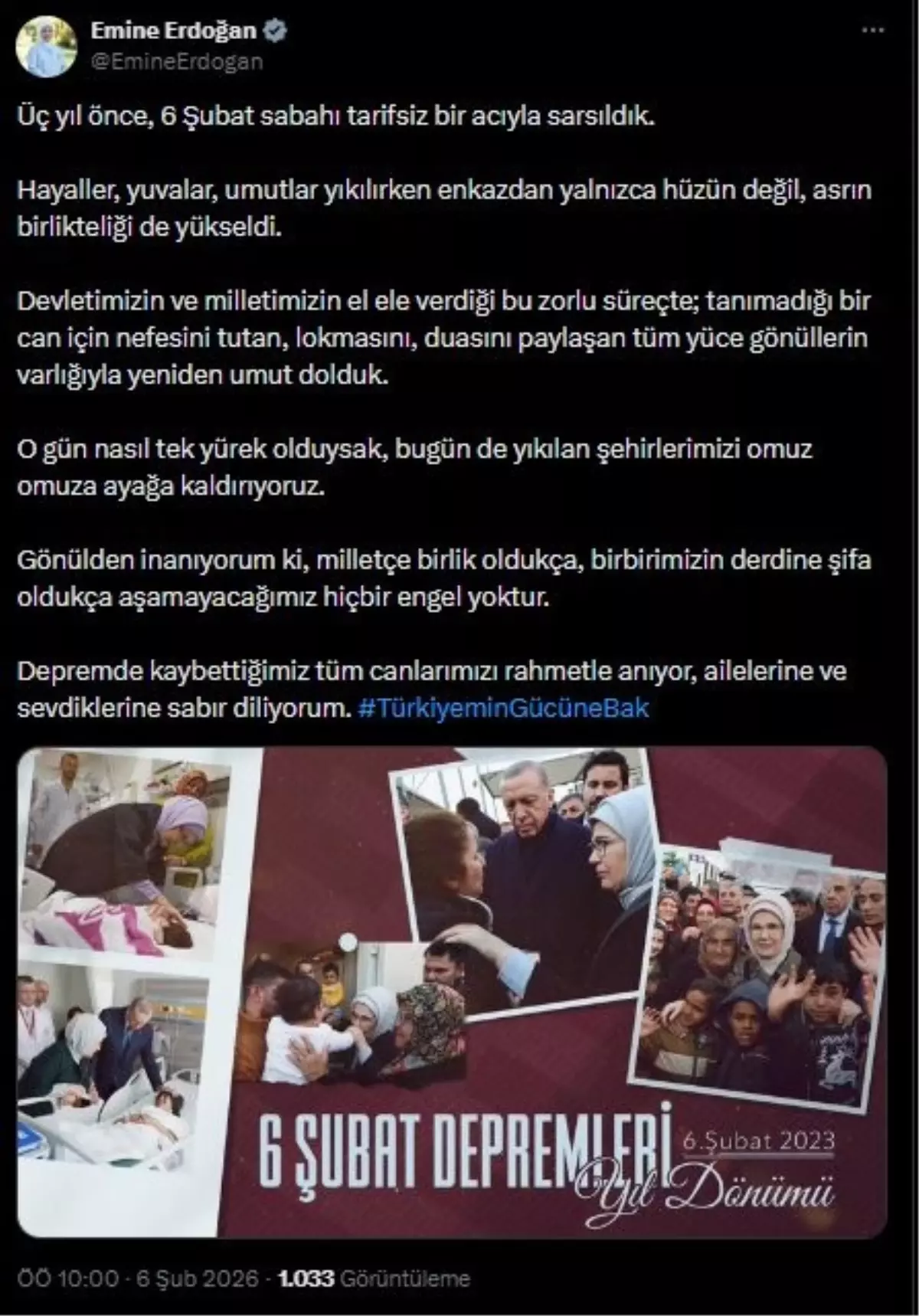 Emine Erdoğan, 6 Şubat depremlerinde hayatını kaybedenleri andı