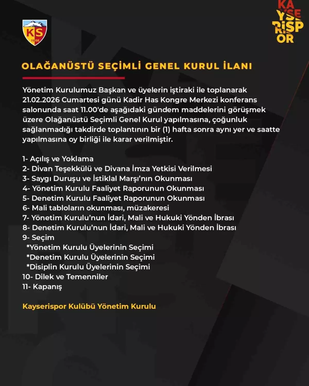 Kayserispor Olağanüstü Genel Kurulu 21 Şubat’ta