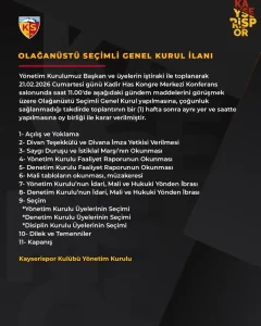 Kayserispor’da Olağanüstü Genel Kurul Tarihi Belirlendi