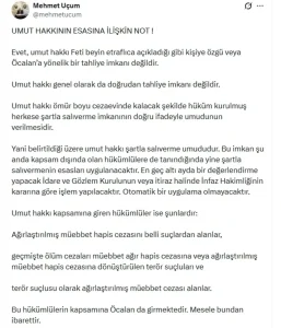 Uçum: Umut Hakkı Tahliye İmkanı Değil