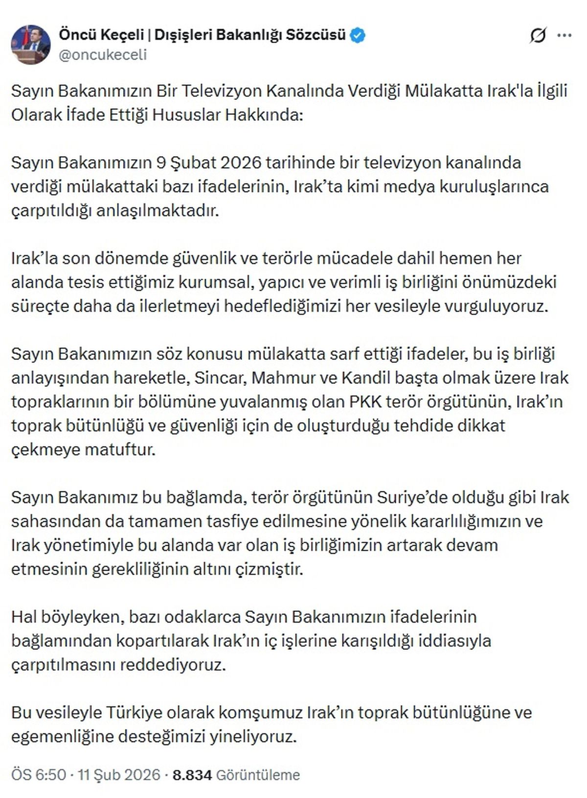 Türkiye, Irak’ın Egemenliğine Destek Verdi