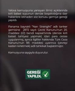 Yalova’da Geminin Balast Suyu Cezası