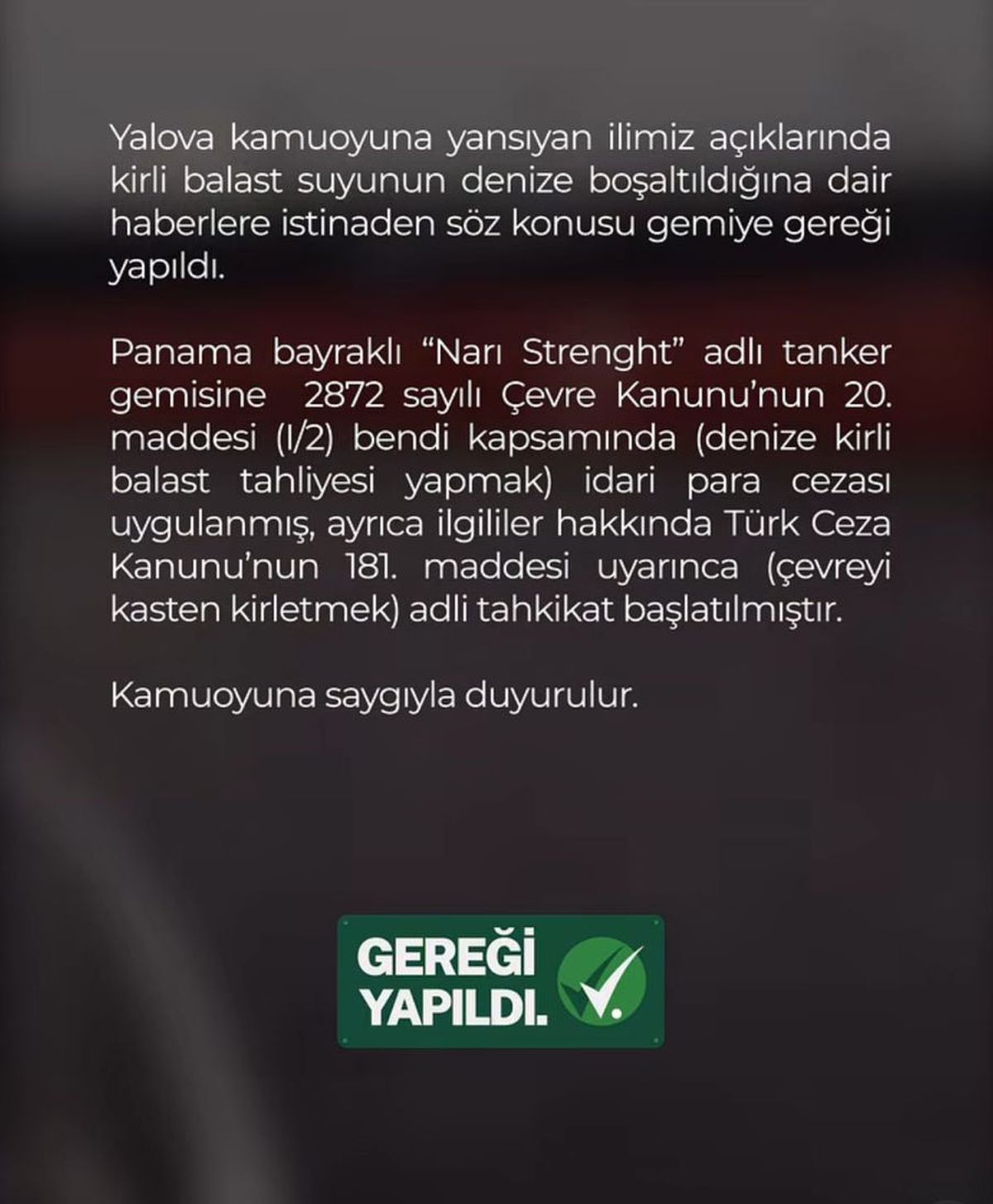 Yalova’da Geminin Balast Suyu Cezası
